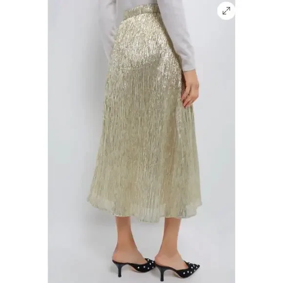 TUCKERNUCK Hyacinth House Gold Metallic Plisse Gloria Midi Skirt  NWT Size Large - Picture 3 of 10